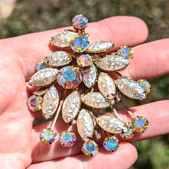 Judy Lee Aurora Borealis Lava Stone Brooch w Prong Setting Unsigned Vintage - Picture 5 of 10